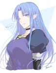  1girl black_choker blue_eyes blue_hair braid breasts choker dress fate/stay_night fate_(series) highres jewelry long_hair long_sleeves looking_at_viewer mct medea_(caster)_(fate) medea_(fate) pointy_ears purple_hair side_braid solo white_background 