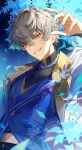  1boy absurdres arm_up blue_background blue_shirt commentary_request ensemble_stars! grey_hair grin hair_between_eyes highres jacket korean_commentary long_sleeves looking_at_viewer male_focus nong_345 ogami_koga open_clothes open_jacket shirt short_hair smile solo upper_body white_jacket yellow_eyes 