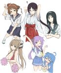  6+girls :3 ;d ? absurdres ahoge amagi_brilliant_park antenna_hair arms_up bikini black_hair blue_eyes blue_hair blue_sailor_collar blue_skirt braid breasts brown_hair brown_ribbon casyu_nut cleavage crossed_arms crossover glasses hair_bun hair_intakes hair_ornament hair_ribbon hairband hairclip hakama hakama_skirt highres hiiragi_kagami holding holding_pom_poms hyouka irisu_fuyumi izumi_konata japanese_clothes juumonji_kaho kamiyama_high_school_uniform_(hyouka) kimono looking_at_viewer lucky_star miko mole mole_under_eye multiple_crossover multiple_girls neckerchief one_eye_closed orange_hairband pom_pom_(cheerleading) purple_eyes purple_hair red_hakama ribbon ryouou_school_uniform sailor_collar sailor_shirt sawakiguchi_misaki school_uniform sento_isuzu serafuku shirt shoes simple_background skirt smile squeans stretching swimsuit uwabaki white_background white_hairband white_kimono yellow_eyes yellow_neckerchief 