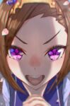  1girl :d absurdres brown_hair close-up flower_in_eye forehead hands_up highres interlocked_fingers long_hair looking_at_viewer no_uwazumi open_mouth own_hands_clasped own_hands_together petals portrait purple_eyes purple_sailor_collar purple_shirt sailor_collar sakura_bakushin_o_(umamusume) school_uniform shirt smile solo symbol_in_eye teeth tracen_school_uniform umamusume upper_teeth_only v-shaped_eyebrows 