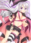  1girl :o ahoge aiming aiming_at_viewer ass_visible_through_thighs ayachi_nene belt belt_bra black_cape black_hat black_shoes black_skirt black_sleeves blush breasts breasts_apart cape colored_eyelashes commentary_request detached_sleeves drop_shadow dutch_angle eyes_visible_through_hair floating_cape floating_hair foot_out_of_frame foreshortening fuyukichi_(nikoniko1567) glint grey_hair groin gun hair_between_eyes handgun hands_up hat high_heels highres holding holding_gun holding_weapon huge_ahoge knees_together_feet_apart large_breasts long_hair long_sleeves looking_at_viewer miniskirt navel open_mouth pink_belt pink_cape pleated_skirt purple_background purple_eyes sanoba_witch shoes side_slit sidelocks simple_background single_thighhigh skirt solo standing standing_on_one_leg striped_clothes striped_thighhighs thighhighs thighs two-sided_cape two-sided_fabric two-tone_background very_long_hair weapon white_background wide_sleeves witch witch_hat zettai_ryouiki 