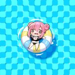  1girl @_@ bikini black_bikini blue_innertube blush bocchi_the_rock! breasts chibi chibi_only double_bun gotoh_hitori hair_bun highres innertube large_breasts long_hair open_mouth optical_illusion pink_hair pool solo striped_innertube sweat swim_ring swimsuit thighs user_zxnh2232 yellow_innertube 