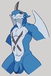  2016 anthro blue_skin claws digimon digital_drawing_(artwork) digital_media_(artwork) exveemon flookz grey_background hi_res horn male membranous_wings nude penis red_eyes scalie simple_background solo toe_claws wings 