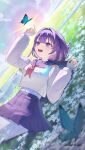  1girl :d absurdres acoustic_guitar blue_butterfly blue_fire blue_skirt blurry bug butterfly colored_inner_hair depth_of_field earrings field fire flower flower_field ghost_girl ghost_tail guitar hands_up hashtag-only_commentary highres indie_utaite instrument jewelry konkon_tamashii light_blush long_sleeves looking_at_animal lying medium_hair midriff_peek multicolored_hair multiple_earrings navel on_back open_mouth outdoors pink_hair pleated_skirt purple_eyes purple_hair school_uniform serafuku sg_(under_siiiiii) shirt skirt smile solo sun teeth twitter_username upper_teeth_only white_shirt 