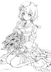  1girl ahoge amahara_nue ankle_strap artist_name assault_lily bare_shoulders beret bouquet bow braid braided_ponytail brooch closed_mouth clothing_cutout collar cross-laced_clothes cross-laced_cutout cross-laced_dress dress flower frilled_collar frilled_dress frilled_sleeves frilled_thigh_strap frills full_body futagawa_fumi greyscale hair_bow hair_flower hair_ornament hat high-low_dress highres holding holding_bouquet jewelry lineart long_hair long_sleeves looking_at_viewer mini_hat monochrome navel neck_ribbon official_alternate_costume ribbon shoe_soles shoes shoulder_cutout signature simple_background single_braid sketch solo stomach_cutout thigh_strap thighhighs tilted_headwear white_background wide_sleeves 