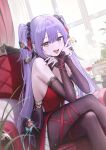  1girl absurdres alternate_costume bare_shoulders between_fingers breasts brown_thighhighs chair coin crossed_legs detached_sleeves dress epic_seven highres holding long_hair long_sleeves looking_at_viewer medium_breasts open_mouth purple_hair red_dress rinak_(epic_seven) sideboob sitting sleeveless sleeveless_dress smile solo thighhighs twintails very_long_hair yellow_eyes yohaku 