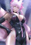  1girl absurdres animal_ears black_bodysuit black_choker bodysuit bow breasts center_opening choker cleavage collared_bodysuit cowboy_shot fate/grand_order fate_(series) fox_ears fox_girl fox_tail from_below glasses grey-framed_eyewear hair_bow hand_on_own_hip highres hip_vent koyanskaya_(assassin)_(first_ascension)_(fate) koyanskaya_(fate) kueru_1285 large_breasts long_hair looking_at_viewer open_bodysuit open_clothes open_mouth partially_unzipped pink_bow pink_hair smug solo tail tamamo_(fate) teeth unzipped upper_teeth_only yellow_eyes 