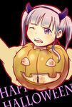  1boy 1girl borusen breasts censored fake_horns halloween holding horns limbless looking_at_viewer nipples pumpkin purple_hair pussy surreal tears twintails what wince 