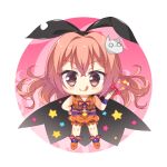  1girl :q alternate_costume alternate_hairstyle bare_shoulders black_cape black_ribbon blush boots bow candy cape cat_hair_ornament chibi chibi_only closed_mouth collared_shirt commentary_request crossed_bangs floating_hair food full_body fuyukichi_(nikoniko1567) hair_between_eyes hair_down hair_intakes hair_ornament hair_ribbon halloween_costume hand_on_own_hip hand_up highres holding holding_candy holding_food holding_lollipop inaba_meguru lollipop long_hair looking_at_viewer midriff_peek navel neck_ribbon orange_boots orange_hair orange_shirt orange_shorts print_cape purple_ribbon purple_wrist_cuffs red_bow red_eyes ribbon sanoba_witch shirt shorts sleeveless sleeveless_shirt smile solo standing star_(symbol) star_ornament star_print striped_clothes striped_shirt striped_shorts tongue tongue_out vertical-striped_clothes vertical-striped_shirt vertical-striped_shorts wrist_cuffs 