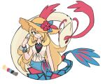  1girl blonde_hair blue_sarong brown_hat closed_mouth cynthia_(pokemon) cynthia_(summer_2025)_(pokemon) flower grey_eyes hair_over_one_eye hat hat_flower highres long_hair looking_at_another midriff milotic official_alternate_costume pokemon pokemon_(creature) pokemon_masters_ex red_flower sarong smile sun_hat very_long_hair white_background xlii_idk 