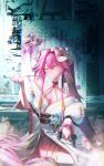  1girl :3 absurdres animal_ears bare_shoulders black_choker breasts canvas_(object) cat_mask chattino_(raora_panthera) choker cleavage closed_mouth feather_boa floomf floral_print floral_print_kimono hair_ribbon highres holding holding_smoking_pipe hololive hololive_english indoors japanese_clothes kimono large_breasts long_hair long_sidelocks looking_at_viewer mask multicolored_hair off_shoulder official_alternate_costume official_alternate_hairstyle panther_ears panther_girl panther_tail pink_hair print_kimono raora_panthera raora_panthera_(new_year) ribbon sidelocks sitting smoking_pipe solo streaked_hair tail thighhighs twintails very_long_hair virtual_youtuber white_hair white_kimono white_mask white_ribbon white_thighhighs wide_sleeves yellow_eyes yokozuwari 