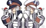  2boys black_coat black_hat brothers closed_mouth coat commentary_request emmet_(pokemon) gloves grey_eyes grey_hair hand_up hat high_collar highres holding holding_poke_ball ingo_(pokemon) long_sleeves male_focus multiple_boys peaked_cap pointing poke_ball poke_ball_(basic) pokemon pokemon_bw sasami_642 short_hair siblings sideburns signature smile upper_body white_background white_coat white_gloves white_hat 