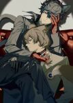  2boys akechi_gorou amamiya_ren animal_ear_fluff animal_ears black_gloves black_hair black_jacket black_pants brown_eyes brown_hair brown_jacket closed_mouth commentary_request fox_ears gloves hair_between_eyes highres jacket long_sleeves male_focus multiple_boys pants persona persona_5 red_gloves shiosakana short_hair 