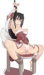  1girl ahri armpits arms_up bdsm black_hair blush bondage bound bound_wrists breasts breasts_outside chained chair erect_nipples fox_ears fox_girl fox_tail highres infraton league_of_legends long_hair nipples panties sitting solo spread_legs tagme underwear white_panties yellow_eyes 