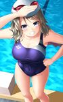  ass blue_eyes blue_swimsuit breasts competition_swimsuit covered_navel diving_block from_above goggles grey_hair grin hand_on_hip highleg highleg_swimsuit highres large_breasts love_live! love_live!_sunshine!! oekakizuki one-piece_swimsuit outdoors pool poolside shading_eyes short_hair smile solo starting_block swimsuit watanabe_you water wet 