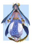  1girl barefoot blue_eyes blue_hair body_markings bracelet breasts bridal_gauntlets chain crop_top dark-skinned_female dark_skin earrings full_body gohan_(gohanchang) gold_bracelet gold_chain gold_earrings gold_jewelry harem_pants headdress highres horns jewelry long_hair looking_at_viewer midriff mole mole_under_eye navel original pants shendyt side-tie_peek simple_background solo standing underboob 