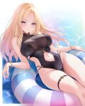  1girl akiei black_one-piece_swimsuit blonde_hair blue_eyes blush bracelet breasts closed_mouth clothing_cutout commentary_request forehead gakuen_idolmaster gold_bracelet highres idolmaster jewelry juo_sena large_breasts long_hair looking_at_viewer multiple_bracelets navel navel_cutout on_innertube one-piece_swimsuit side_cutout skindentation smile solo striped_innertube swimsuit thigh_strap thighs water 