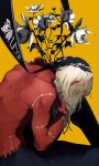  1boy air_(ai_r_) alternate_color colored_skin covered_face flower from_side highres jujutsu_kaisen long_hair mahito_(jujutsu_kaisen) male_focus messy_hair red_skin solo stitched_arm stitched_torso stitches white_flower white_hair yellow_background 