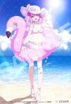  1girl bikini bikini_skirt blue_sky bracelet breasts cleavage cloud commentary_request copyright_notice day frilled_bikini frilled_thigh_strap frills full_body gradient_hair green_eyes halterneck hat heterochromia himemori_luna himemori_luna_(summer) hololive inflatable_flamingo jewelry looking_at_viewer mamyouda medium_breasts medium_hair multicolored_hair navel ocean official_alternate_costume official_alternate_hair_length official_alternate_hairstyle official_art outdoors pink_hair polka_dot polka_dot_bikini purple_bikini purple_eyes purple_hair sample_watermark sky smile solo standing stomach sun_hat swimsuit thigh_strap virtual_youtuber watermark 