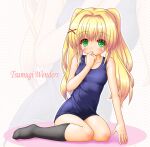  1girl 2000s_(style) black_socks blonde_hair blue_one-piece_swimsuit blush character_name covering_own_mouth green_eyes hair_intakes hair_ornament kneehighs long_hair looking_at_viewer old_school_swimsuit one-piece_swimsuit polka_dot polka_dot_background school_swimsuit shion_faru sitting socks solo summer_pockets swimsuit tsumugi_wenders twintails x_hair_ornament zoom_layer 
