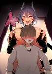  1boy 1girl absurdres bad_source black_gloves blurry blurry_background blush breasts brown_hair commission demon_girl demon_horns gloves highres horns indoors katsuten large_breasts latex latex_gloves nipples open_mouth original purple_eyes purple_hair revealing_clothes shaded_face short_hair skeb_commission tail_mouth textless_version tongue tongue_out unzipping white_horns 