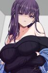  1girl alternate_costume armpit_crease breasts collarbone commentary_request contemporary crossed_arms fern_(sousou_no_frieren) hair_over_shoulder highres indoors koya_(koya_x_00) large_breasts long_sidelocks long_sleeves looking_at_viewer off-shoulder_sweater off_shoulder parted_lips pink_pupils purple_eyes purple_hair purple_sweater ribbed_sweater sidelocks signature solo sousou_no_frieren sweater upper_body watermark 