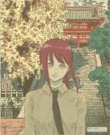  1girl architecture black_necktie braid braided_ponytail business_suit chainsaw_man east_asian_architecture enzo_japhet fine_art_parody head_tilt highres long_sleeves looking_up makima_(chainsaw_man) multiple_others necktie nihonga office_lady outdoors parody red_hair ringed_eyes shirt shirt_tucked_in sidelocks stairs stone_stairs suit tree twitter_username upper_body white_shirt yellow_eyes 