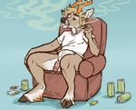  2016 anthro antlers balls blue_background blue_eyes body_hair bottomless brown_fur can cervine chair chewycuticle clothed clothing daylo deer drugs flaccid fur happy_trail hooves horn humanoid_penis lighter male mammal marijuana penis pink_penis pubes shirt simple_background smoking solo t-shirt 