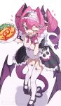  1girl absurdres adversarial_noise bat_wings black_shoes breasts cleavage demon_girl demon_tail dress drill_hair fang food food_writing frilled_headband garter_straps hair_ornament heart highres holding holding_plate interlocked_male-female_and_venus_symbols ketchup looking_at_viewer maid omelet omurice one_eye_closed open_mouth original plate pointy_ears pouch purple_eyes purple_hair purple_ribbon ribbon shoes solo spiked_knuckles tail thighhighs twin_drills v white_thighhighs wings zizi_niisan 