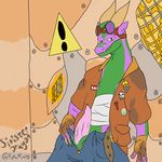  anthro bandage belt clothing danger_sign dragon erection eyewear goggles horn jacket jeans leather male mechanic pants pins presenting sinister_dragon solo teeth zipper 