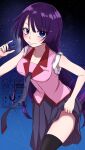  1girl 756san absurdres bakemonogatari black_thighhighs blue_eyes blush breasts closed_mouth clothes_lift collarbone eyelashes grey_necktie grey_skirt hand_up highres holding_stapler impossible_clothes impossible_shirt leaning_forward long_hair looking_at_viewer medium_breasts monogatari_(series) naoetsu_high_school_uniform necktie night night_sky pleated_skirt purple_hair school_uniform senjougahara_hitagi shirt skirt skirt_lift sky sleeves_rolled_up smile solo star_(sky) starry_sky thighhighs very_long_hair watermark 
