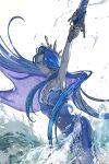 1girl armpits blue_dress blue_eyes blue_hair closed_mouth cookie_run coral_hair_ornament covered_navel cowboy_shot dress expressionless hair_over_one_eye highres holding holding_sword holding_weapon imam_(oozlo) korean_commentary liquid_hair ocean pale_skin sea_fairy_cookie solo sword water water_drop weapon weapon_request 