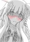  1girl @_@ absurdres animal_ears blush chrono_genesis_(umamusume) collarbone commentary_request embarrassed flustered hair_between_eyes hair_ornament hands_on_own_cheeks hands_on_own_face highres horse_ears horse_girl looking_at_viewer monochrome open_mouth portrait scene_reference school_uniform shaded_face simple_background solo take20131004 tracen_school_uniform umamusume wavy_mouth white_background 