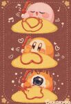  :d blue_eyes blush_stickers brown_background brown_eyes closed_eyes commentary food heart highres holding ketchup ketchup_bottle kirby kirby_(series) musical_note no_humans omelet omurice open_mouth signature smile tokkakyou v-shaped_eyebrows waddle_dee waddle_doo 