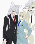  2girls absurdres ak-15_(erwin)_(girls'_frontline) ak-15_(girls'_frontline) alva_(girls'_frontline_2) an-94_(antje)_(girls'_frontline) an-94_(girls'_frontline) black_suit blue_eyes girls'_frontline girls'_frontline_2:_exilium grey_hair gun highres long_hair multiple_girls necktie purple_eyes quan_1919 suit weapon wolf_girl 
