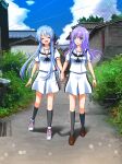  2girls :d ^_^ ascot black_ascot black_socks blue_eyes blue_hair blue_pupils blue_sky blunt_bangs blush braid brown_shoes closed_eyes cloud commentary_request crossed_bangs crown_braid day english_commentary floating_hair full_body gomasho_asuka grey_shoes hair_between_eyes happy highres holding_hands interlocked_fingers kneehighs loafers long_hair looking_at_another miniskirt mixed-language_commentary multiple_girls open_mouth outdoors photo_background puffy_short_sleeves puffy_sleeves purple_hair ribbon road sailor_collar school_uniform serafuku shirt shoes short_sleeves siblings side-by-side sidelocks sisters skirt sky smile sneakers socks sorakado_ai sorakado_ao standing summer_pockets summer_pockets_school_uniform twins very_long_hair white_ribbon white_sailor_collar white_serafuku white_shirt white_skirt 