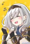  1girl :d ^_^ armor beamed_eighth_notes black_gloves blush boobplate closed_eyes commentary_request eighth_note fingerless_gloves gloves grey_hair hair_between_eyes hands_up highres holding holding_microphone hololive kiritoma microphone musical_note pauldrons shirogane_noel shirogane_noel_(1st_costume) shoulder_armor signature smile solo teeth upper_body upper_teeth_only vambraces virtual_youtuber yellow_background 