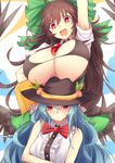  2girls arm_cannon arm_up bangs black_hat blue_hair bow bowtie breasts brown_hair fang food fruit green_bow green_skirt hair_between_eyes hair_bow hat highres hinanawi_tenshi huge_breasts long_hair looking_at_viewer multiple_girls open_clothes open_mouth open_shirt peach red_bow red_eyes red_neckwear reiuji_utsuho shirt short_sleeves skirt sleeveless sleeveless_shirt smile touhou uchisukui underboob very_long_hair weapon white_shirt 