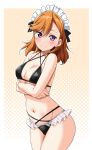  1girl arms_under_breasts bare_arms bikini black_bikini blush breasts closed_mouth collarbone frilled_bikini_bottom groin hair_between_eyes halterneck highres looking_at_viewer love_live! love_live!_superstar!! maid maid_bikini maid_headdress medium_breasts medium_hair navel orange_hair polka_dot polka_dot_background purple_eyes shibuya_kanon solo swimsuit unconventional_maid underboob yopparai_oni 
