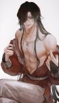  1boy abs absurdres bare_pectorals bare_shoulders belt bishounen black_hair bracer braid bridal_gauntlets butterfly_necklace chinese_clothes collarbone crossed_legs earrings eyepatch hair_over_one_eye hanfu highres hua_cheng jewelry korean_commentary long_hair looking_at_viewer male_focus muscular muscular_male navel necklace off_shoulder one_eye_covered open_clothes open_robe pants parted_lips pectorals red_eyes red_hanfu robe side_braid silver_belt silver_necklace simple_background single_braid sitting smile solo string string_around_finger string_of_fate tianguan_cifu topless_male undressing very_long_hair white_background white_pants young57440489 