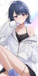  1girl absurdres barbell_piercing black_camisole black_skirt blowing_bubbles blue_hair bob_cut breasts bubble_wand camisole cleavage commentary_request diamond-shaped_pupils diamond_(shape) earrings highres holding holding_wand jacket jewelry k0xxn koshimizu_toru koshimizu_toru_(2nd_costume) legs long_sleeves looking_at_viewer mole mole_under_eye necklace nijisanji off_shoulder official_alternate_costume official_alternate_hairstyle parted_lips piercing purple_eyes purple_socks short_hair skirt sleeves_past_fingers sleeves_past_wrists small_breasts soap_bubbles socks solo symbol-shaped_pupils thighlet triangle_earrings virtual_youtuber wand white_jacket zipper_pull_tab 