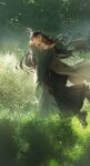  2boys absurdres black_boots black_hair black_hanfu blush boots chinese_clothes closed_eyes coat couple curly_hair day english_commentary floating_hair grass green_hanfu green_ribbon hanfu highres hug long_hair long_sleeves luo_binghe male_focus multiple_boys nature open_mouth outdoors profile renzha_fanpai_zijiu_xitong ribbon ribboned_xiao_guan robe shen_qingqiu sidelighting smile standing topknot white_coat wide_sleeves xiao_guan_(headdress) yaoi young57440489 