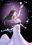  1girl arm_up bare_shoulders black_hair bracelet breasts cecilia_527 closed_eyes crown dress english_commentary feet_out_of_frame final_fantasy final_fantasy_vii final_fantasy_vii_rebirth final_fantasy_vii_remake floating_hair gradient_hair highres jewelry long_hair low-tied_long_hair medium_breasts multicolored_hair official_alternate_costume open_hands parted_lips princess_rosa_costume sleeveless sleeveless_dress solo tiara tifa_lockhart tifa_lockhart_(loveless_dress) white_dress 