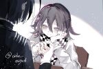  2boys black_hair blush buttons checkered_clothes checkered_scarf danganronpa_(series) danganronpa_v3:_killing_harmony flipped_hair hair_between_eyes haizai_(cide_erised) highres holding_hands jacket light_smile long_sleeves male_focus medium_hair multiple_boys oma_kokichi pale_skin purple_eyes purple_hair saihara_shuichi scarf scene_reference short_hair sitting smile solo_focus table twitter_username two-tone_scarf upper_body yaoi 