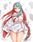  1girl :o ahoge ajidot ass_visible_through_thighs blue_hair blush_stickers bow braid breasts cropped_hoodie electricity full_body green_eyes half-closed_eyes high-waist_skirt hood hoodie large_breasts last_origin long_hair long_sleeves looking_at_viewer miniskirt multicolored_hair neodym open_mouth red_hair red_ribbon revealing_clothes ribbon shiny_skin simple_background single_braid skirt solo sparks standing transparent_background two-tone_hair underboob v-shaped_eyebrows very_long_hair waist_bow white_bow white_hood white_hoodie white_skirt 