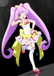  1girl :d ahoge bad_id bare_shoulders blush bow breasts coattails commentary_request detached_sleeves dot_nose dress frilled_dress frilled_garter frills full_body green_eyes hair_bow hand_on_own_hip hand_up highres idol idol_clothes indoors legwear_garter long_hair looking_at_viewer manaka_laala multicolored_dress no_pupils one_eye_closed pink_bow pink_dress pink_shoes pretty_series pripara puffy_short_sleeves puffy_sleeves purple_hair see-through_clothes see-through_sleeves shoes short_dress short_sleeves small_breasts smile solo standing standing_on_one_leg straight_hair striped_clothes striped_dress striped_thighhighs thighhighs v v_over_eye vertical-striped_clothes vertical-striped_dress vertical-striped_thighhighs very_long_hair white_dress white_thighhighs wrist_bow yakizakana_(yakizakana10967) yellow_dress zettai_ryouiki 