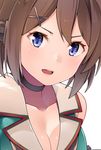  bangs bare_shoulders black_choker blue_eyes breasts brown_hair byte_(allbyte) choker cleavage close-up collarbone commentary_request face green_vest hair_ornament hairclip headgear kantai_collection looking_at_viewer maya_(kantai_collection) medium_breasts open_mouth remodel_(kantai_collection) round_teeth short_hair simple_background sleeveless solo teeth upper_body vest white_background x_hair_ornament 