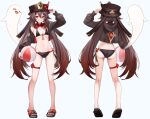  1girl :d =_= adapted_costume adjusting_clothes adjusting_headwear arm_up ass ball beachball bikini black_bikini black_nails boo_tao_(genshin_impact) brown_hair brown_jacket clenched_teeth commentary_request cropped_jacket flower flower-shaped_pupils from_behind full_body genshin_impact grin hat hat_flower hat_tassel highres holding holding_ball hood hooded_jacket hu_tao_(genshin_impact) jacket kneepits long_hair looking_at_viewer plum_blossoms porkpie_hat red_eyes sandals side-tie_bikini_bottom simple_background smile soles swimsuit symbol-shaped_pupils tassel teeth thighs twintails white_background yutoriko_(candy0905) 
