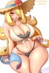  1girl anisdrawn bare_shoulders bikini black_bikini blonde_hair blush breasts cleavage covered_navel crop_top cynthia_(pokemon) cynthia_(summer_2025)_(pokemon) flower flower_hat grey_eyes hair_over_one_eye hat hat_flower highres large_breasts long_hair looking_at_viewer navel official_alternate_costume open_mouth pokemon pokemon_masters_ex shirt sitting smile solo stomach straw_hat sun_hat swimsuit thighs tied_shirt very_long_hair wide_hips 