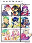  3boys 6+girls bede_(pokemon) bianca_(pokemon) blonde_hair blue_eyes blue_hair bow bowtie buttons carmine_(pokemon) cilan_(pokemon) closed_mouth coat commentary_request curly_hair dark-skinned_female dark_skin elesa_(pokemon) glasses gloves green_bow green_bowtie green_hair green_hat hands_up hat highres holding holding_poke_ball hood hood_down hoodie jacket kieran_(pokemon) korean_commentary miriam_(pokemon) multicolored_hair multiple_boys multiple_girls nessa_(pokemon) orange_vest penny_(pokemon) pink_hair poke_ball poke_ball_(basic) pokemon pokemon_bw pokemon_bw2 pokemon_sv pokemon_swsh purple_hair red_gloves red_hair red_shirt round_eyewear selyg15 shirt sidelocks sleeveless sleeveless_shirt smile sweater translation_request two-tone_hair vest watch wristwatch yellow_sweater 